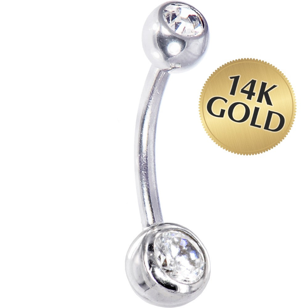 BodyCandy 16G Solid 14k White Gold Cubic Zirconia Double Gem Belly Ring — main product shot