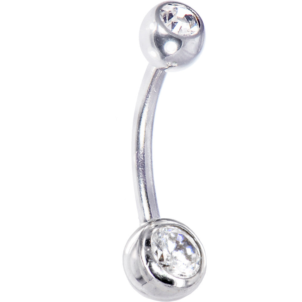 BodyCandy 16G Solid 14k White Gold Cubic Zirconia Double Gem Belly Ring — detail close-up