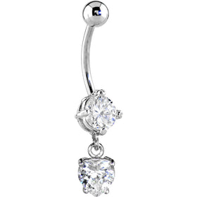 16G Solid 14k White Gold Cubic Zirconia Solitaire Round Heart Dangle Belly Ring
