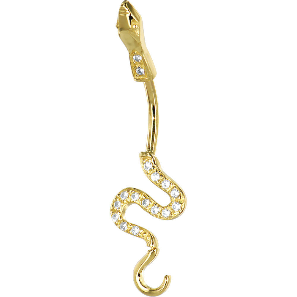 BodyCandy 16G Solid 14k Yellow Gold Cubic Zirconia Sexy Snake Belly Ring — detail close-up