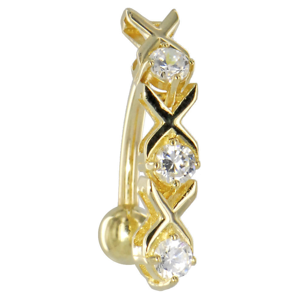 BodyCandy 16G Solid 14k Yellow Gold Top Mount Cubic Zirconia Xoxo Belly Ring — detail close-up