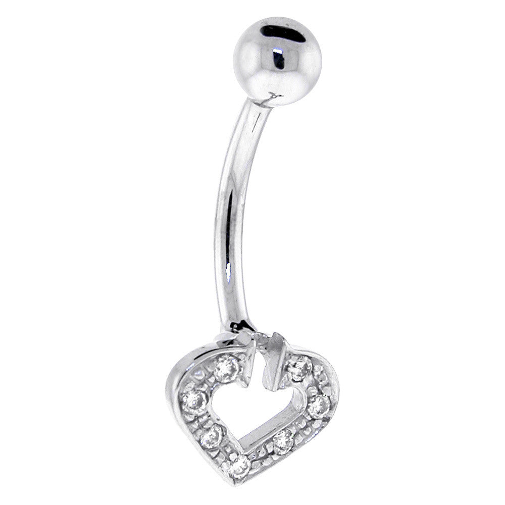 BodyCandy 16G Solid 14k White Gold Cubic Zirconia Paved Hollow Heart Belly Ring — main product shot