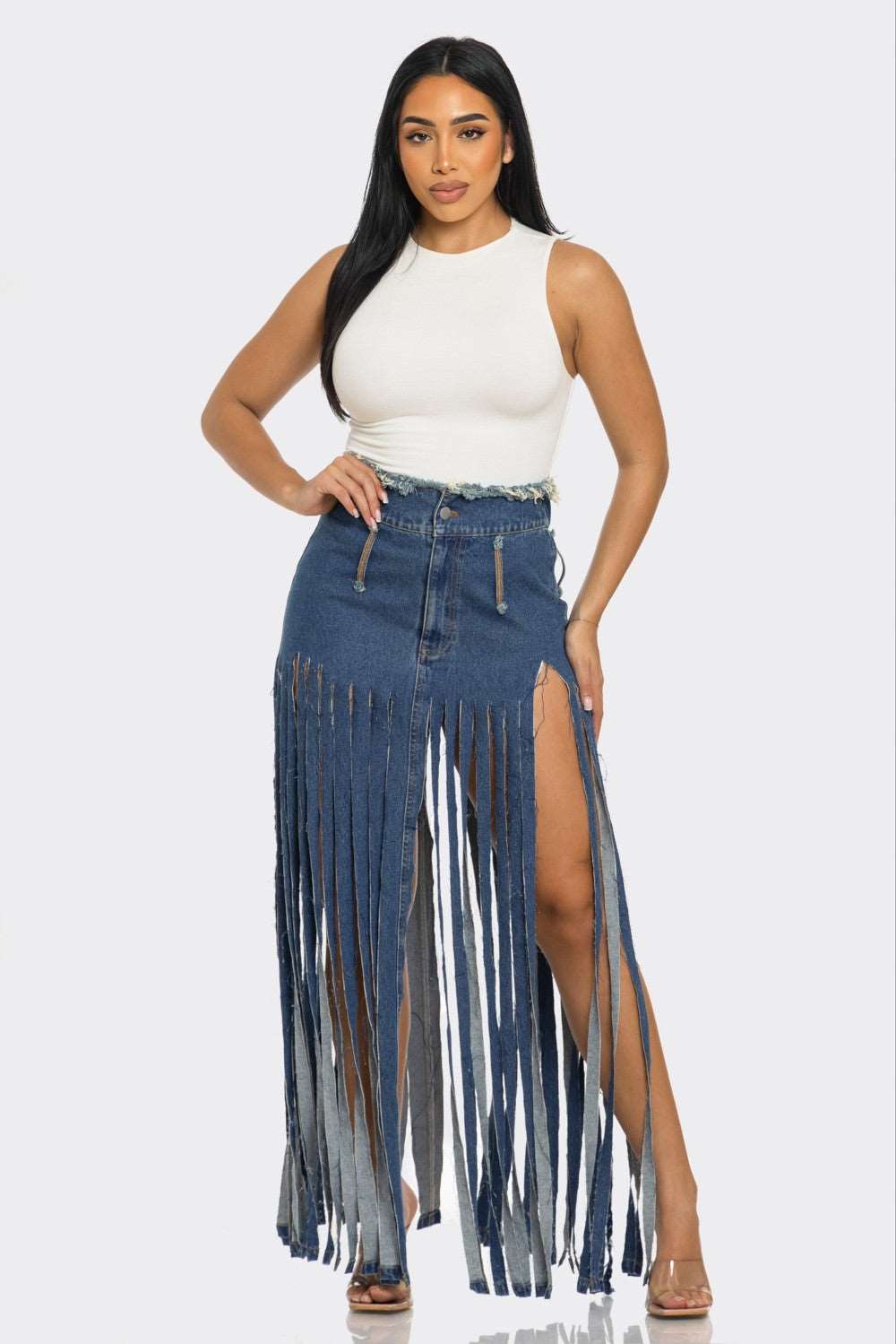 Cochella Bohemian Rhapsody Fringe Denim Skirt