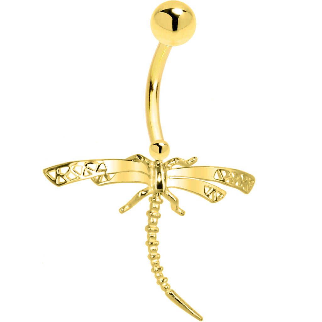 BodyCandy 16G Solid 14K Yellow Gold Dragonfly Belly Ring — detail close-up