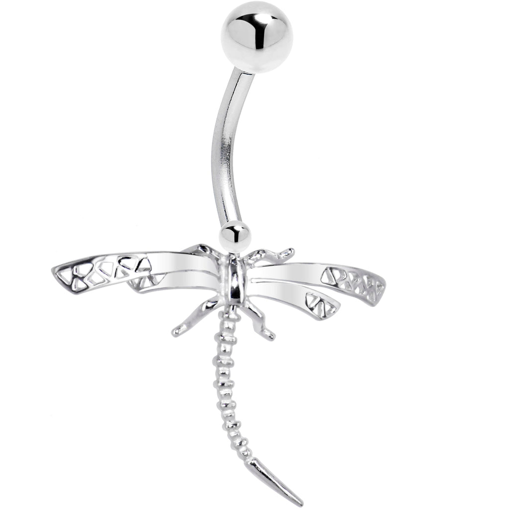 BodyCandy 16G Solid 14K White Gold Dragonfly Belly Ring — detail close-up