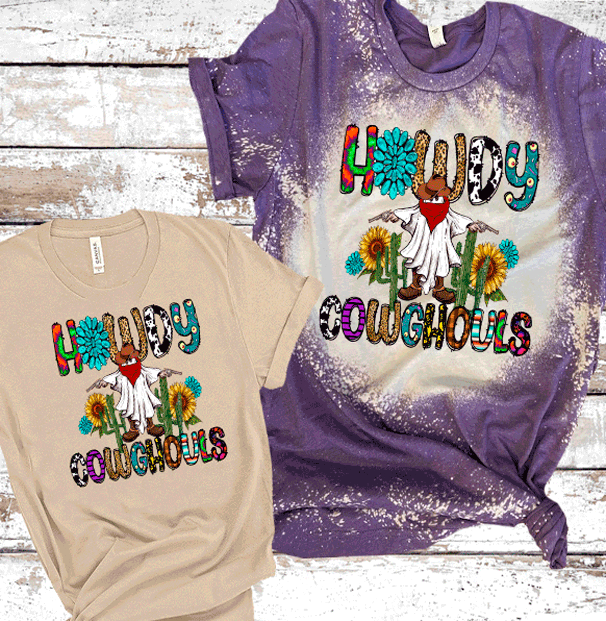 A Blessed Texas Mess Boutique Howdy Cowghouls Western Ghost Serape Cowprint Sunflowers Country Halloween — construction detail