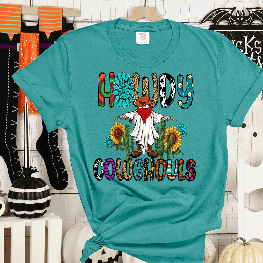 A Blessed Texas Mess Boutique Howdy Cowghouls Western Ghost Serape Cowprint Sunflowers Country Halloween — main product shot