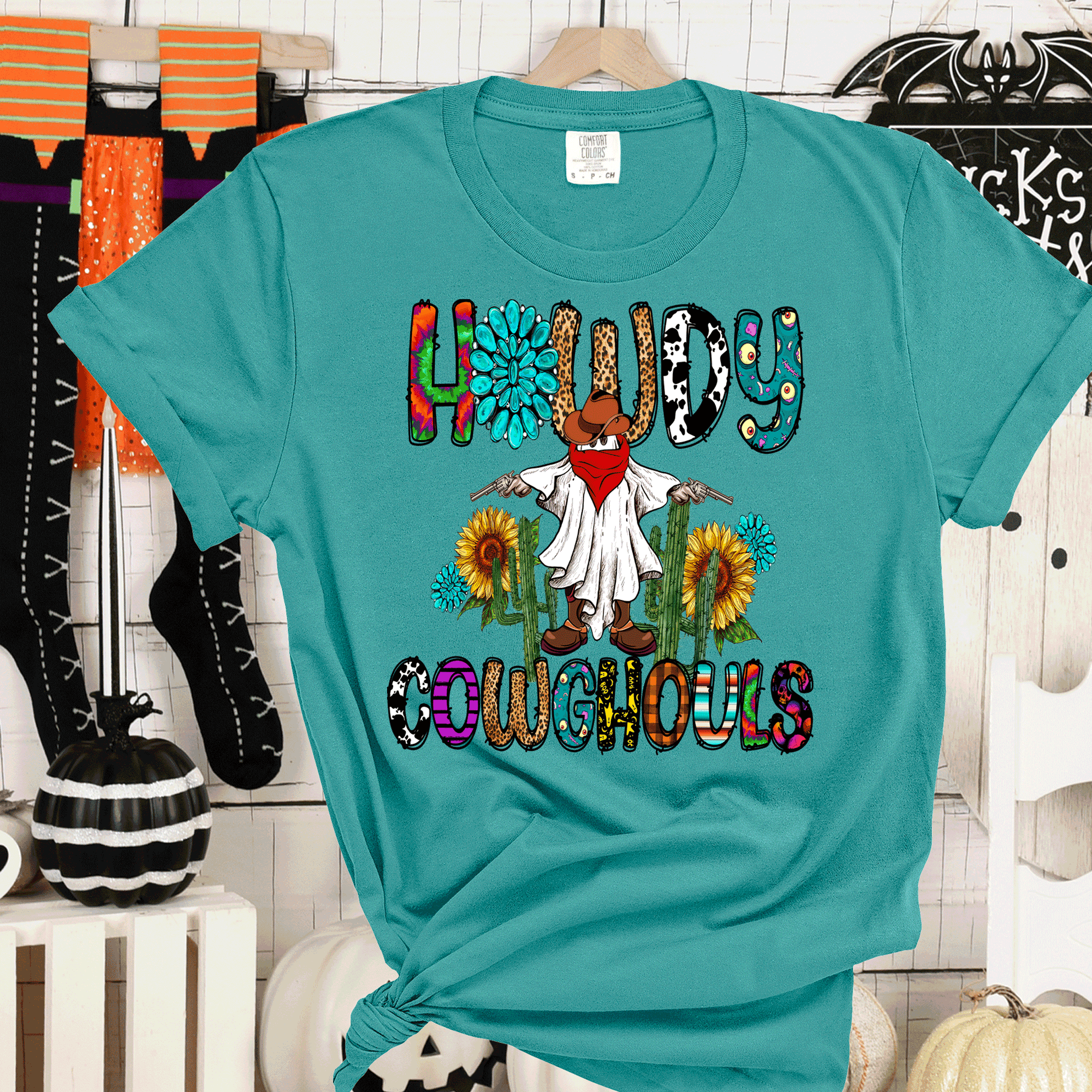 A Blessed Texas Mess Boutique Howdy Cowghouls Western Ghost Serape Cowprint Sunflowers Country Halloween — main product shot