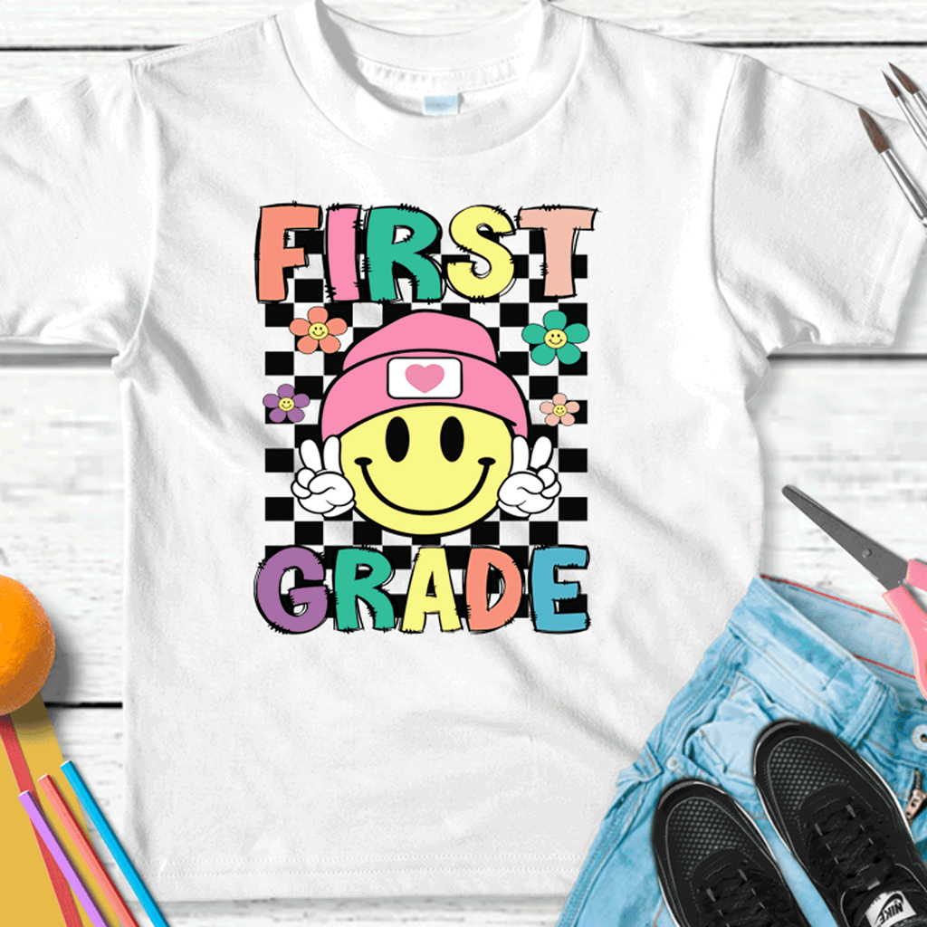 A Blessed Texas Mess Boutique Retro Smiley face Peace Sign ALL Grade Shirts, Grade Teacher, All Grades,… — detail shot 7