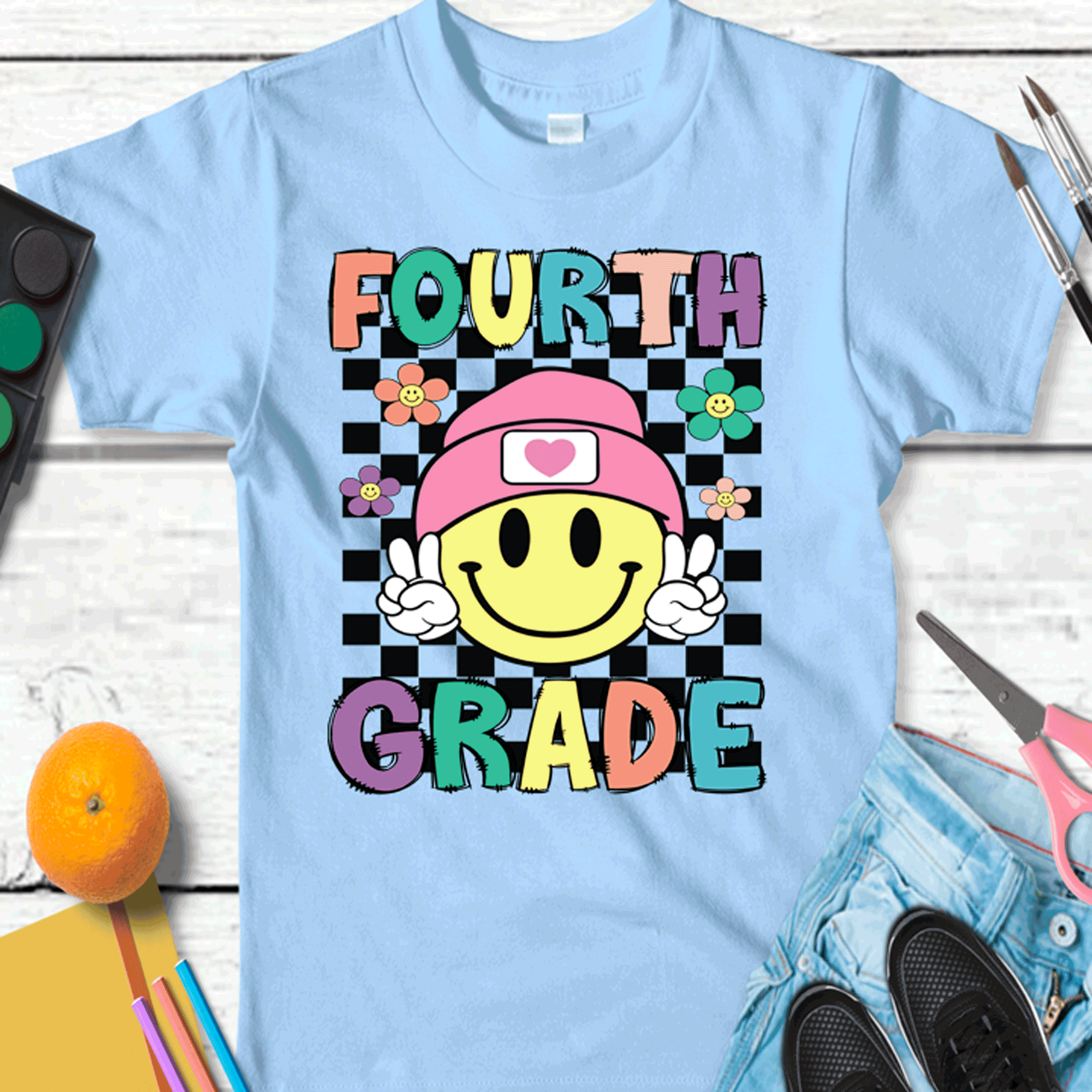 A Blessed Texas Mess Boutique Retro Smiley face Peace Sign ALL Grade Shirts, Grade Teacher, All Grades,… — A Blessed Texas Mess Boutique branding close-up