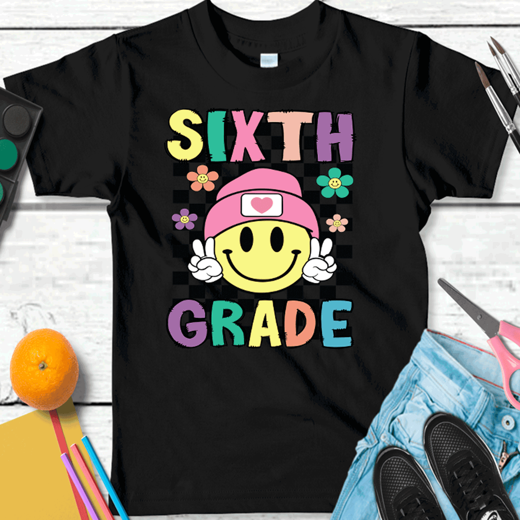 A Blessed Texas Mess Boutique Retro Smiley face Peace Sign ALL Grade Shirts, Grade Teacher, All Grades,… — construction detail