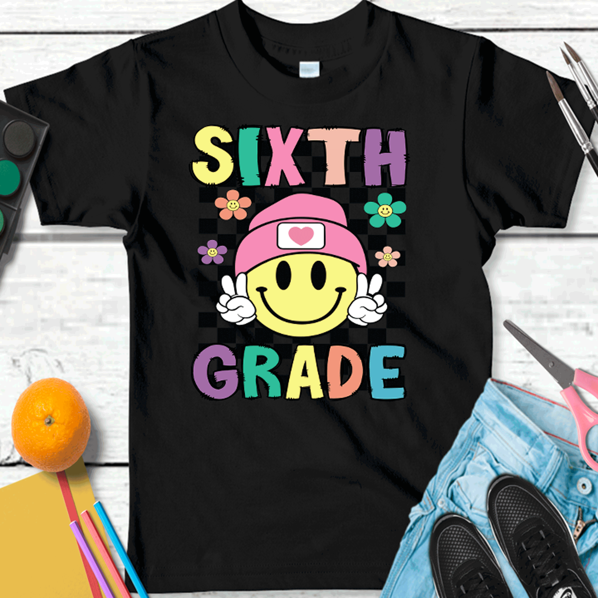 A Blessed Texas Mess Boutique Retro Smiley face Peace Sign ALL Grade Shirts, Grade Teacher, All Grades,… — construction detail