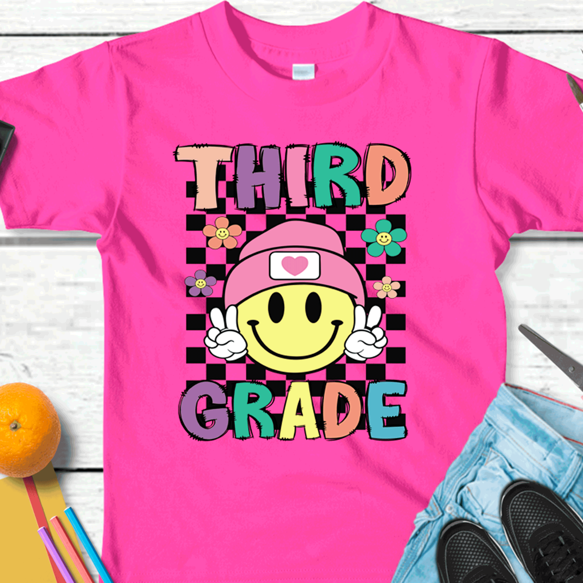 A Blessed Texas Mess Boutique Retro Smiley face Peace Sign ALL Grade Shirts, Grade Teacher, All Grades,… — lifestyle worn / used context