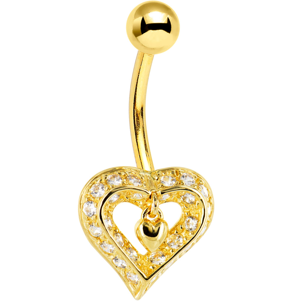 BodyCandy 16G Solid 14K Yellow Gold Cubic Zirconia CHARMING HEART Belly Ring — detail close-up