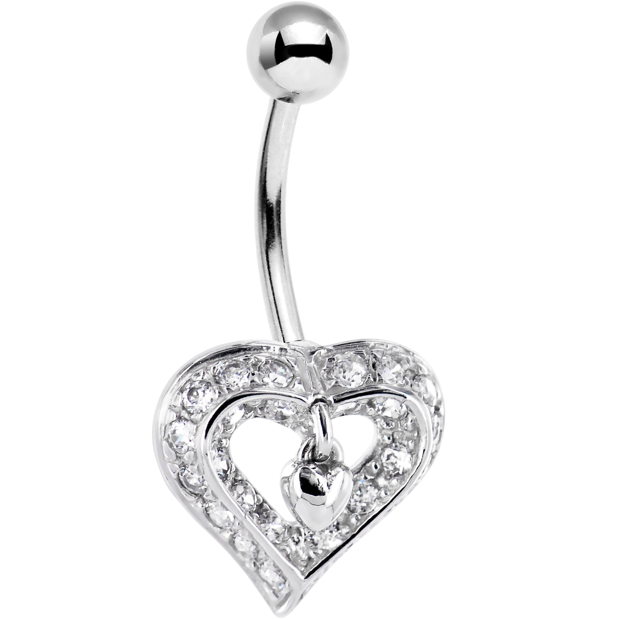 BodyCandy 16G Solid 14K White Gold Cubic Zirconia CHARMING HEART Belly Ring — detail close-up