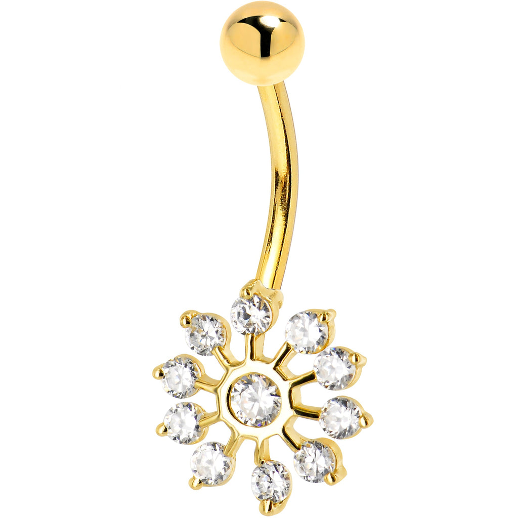 BodyCandy 16G Solid 14K Yellow Gold Cubic Zirconia PEACOCK Belly Ring — detail close-up