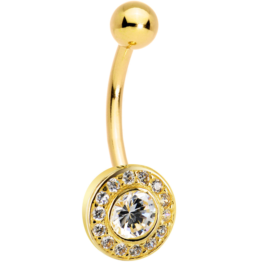 BodyCandy 16G Solid 14K Yellow Gold Cubic Zirconia Round Belly Ring — detail close-up