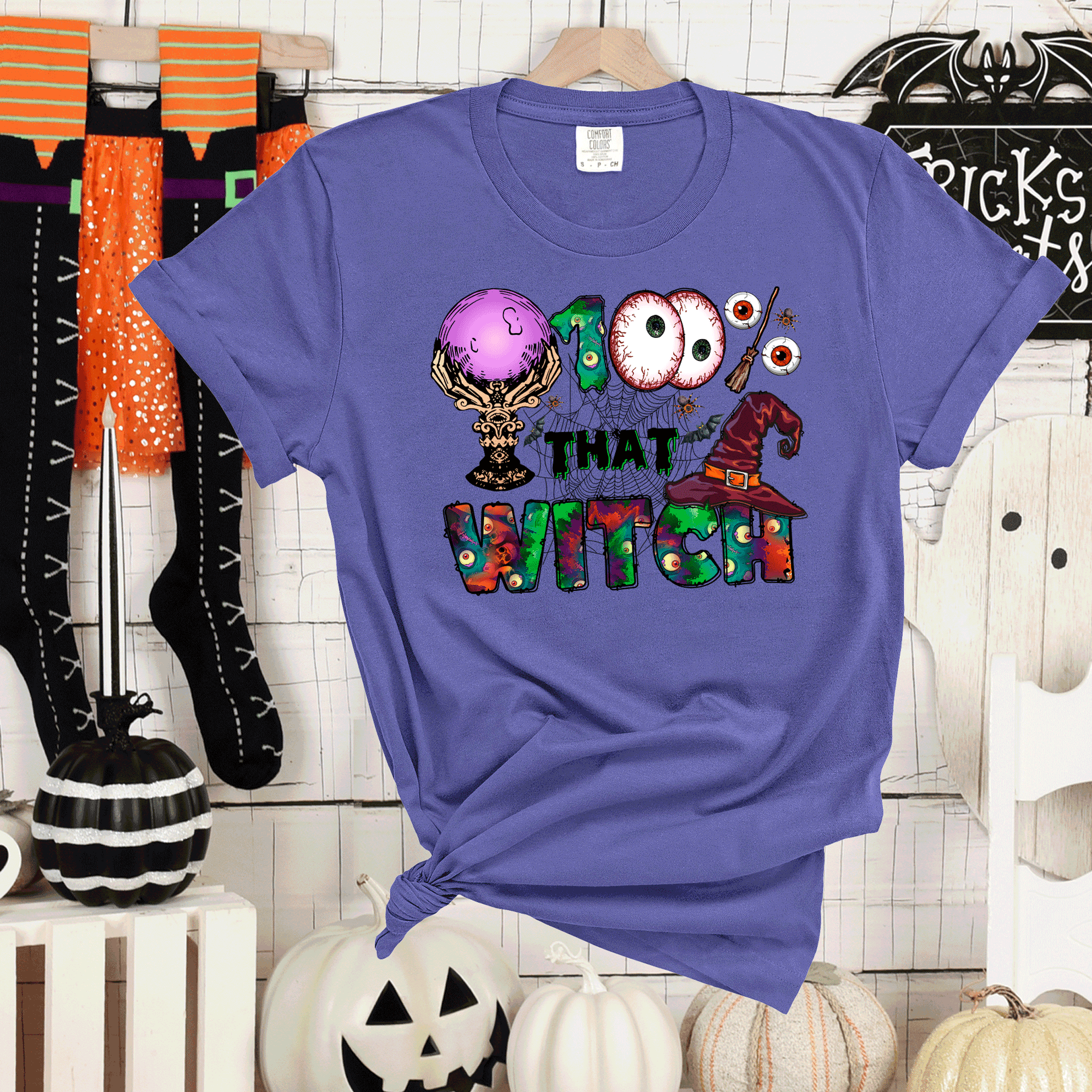 A Blessed Texas Mess Boutique A Blessed Texas Mess Boutique 100% That Witch Halloween Comfort Colors Shirt — construction detail