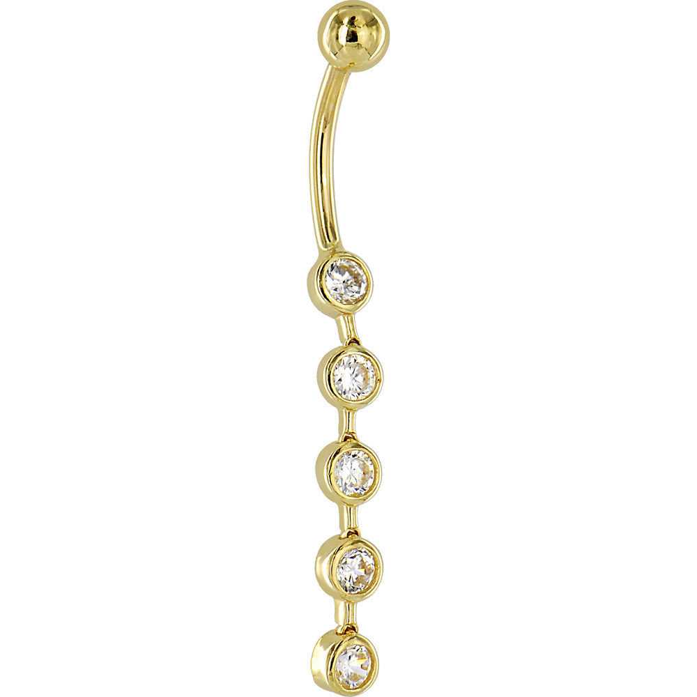 BodyCandy 16G Solid 14K Yellow Gold Paragon Cubic Zirconia Drop Belly Ring — detail close-up