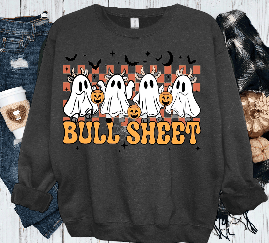 A Blessed Texas Mess Boutique BOO Ghost Bulls Sheet Farmlife Halloween Comfort Colors — construction detail