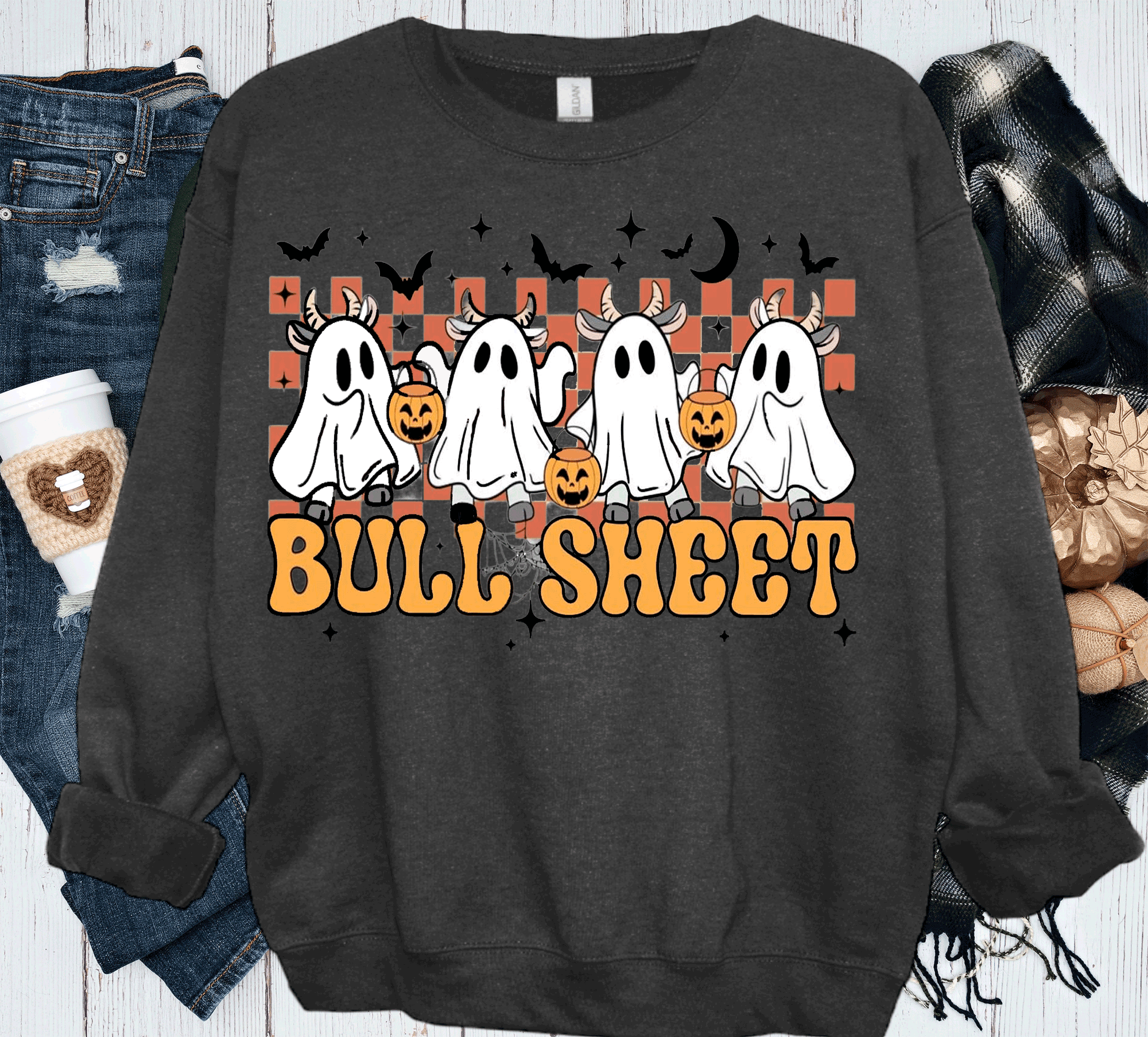 A Blessed Texas Mess Boutique BOO Ghost Bulls Sheet Farmlife Halloween Comfort Colors — construction detail
