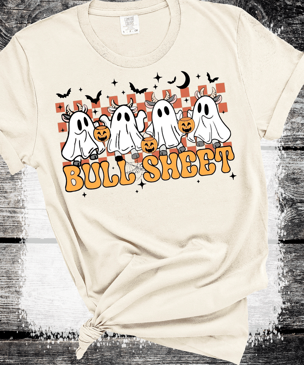 A Blessed Texas Mess Boutique BOO Ghost Bulls Sheet Farmlife Halloween Comfort Colors — A Blessed Texas Mess Boutique branding close-up
