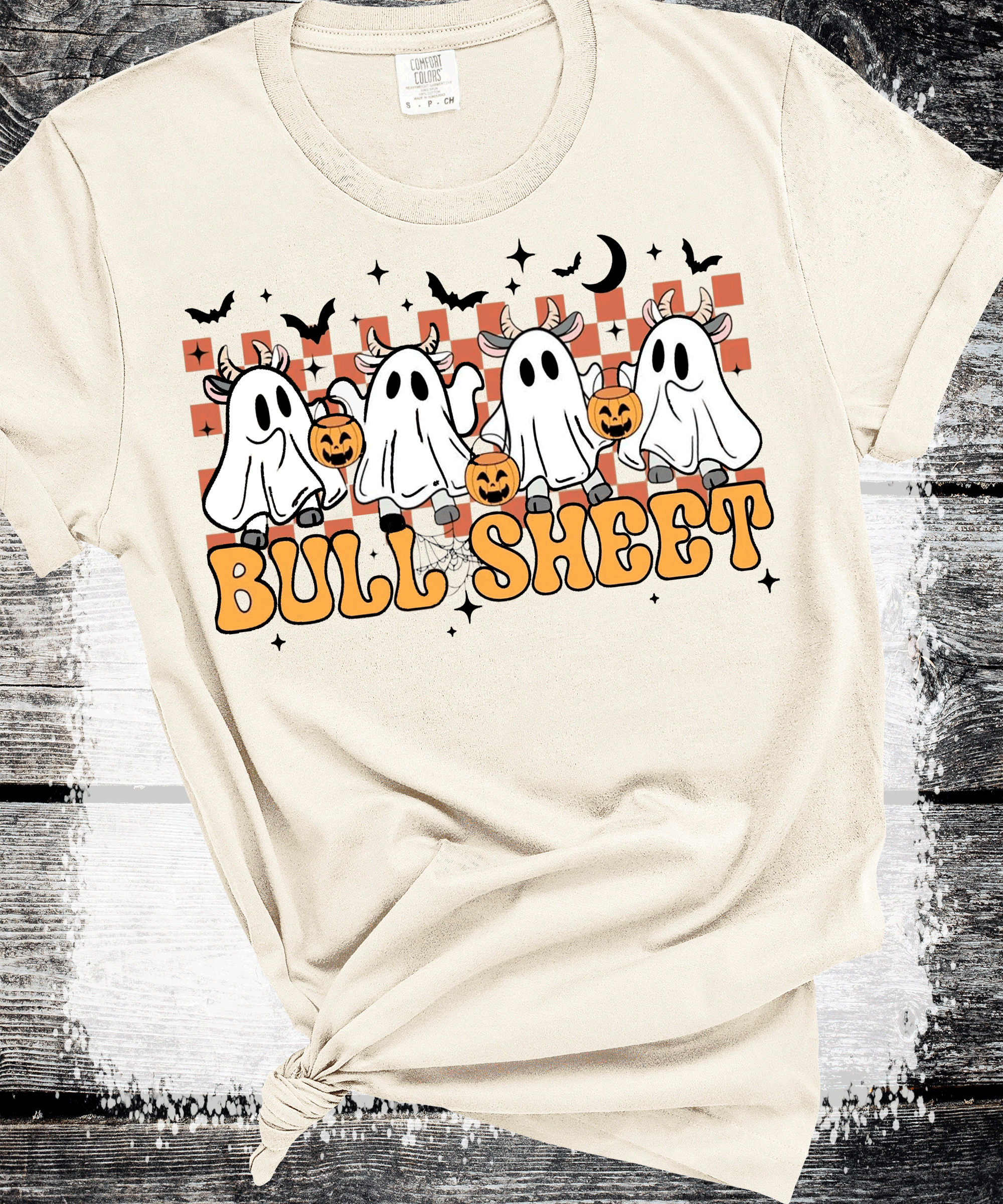 A Blessed Texas Mess Boutique BOO Ghost Bulls Sheet Farmlife Halloween Comfort Colors — A Blessed Texas Mess Boutique branding close-up