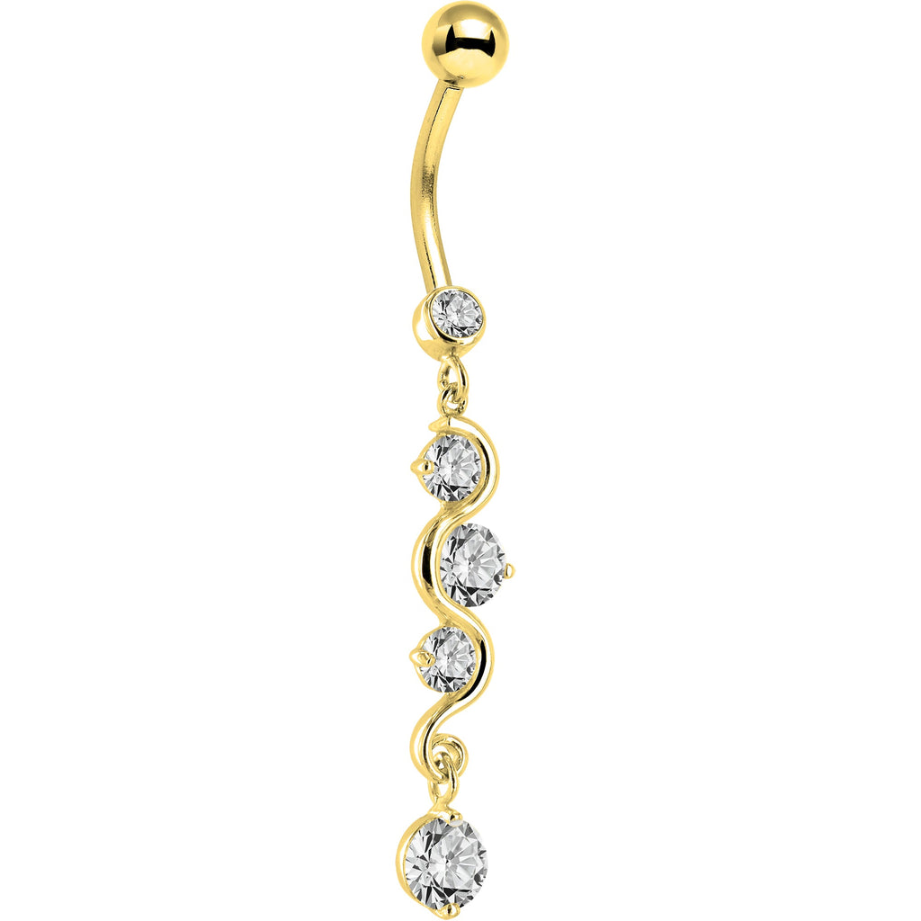 BodyCandy 16G Solid 14K Yellow Gold Scroll Delight Cubic Zirconia Belly Ring — detail close-up