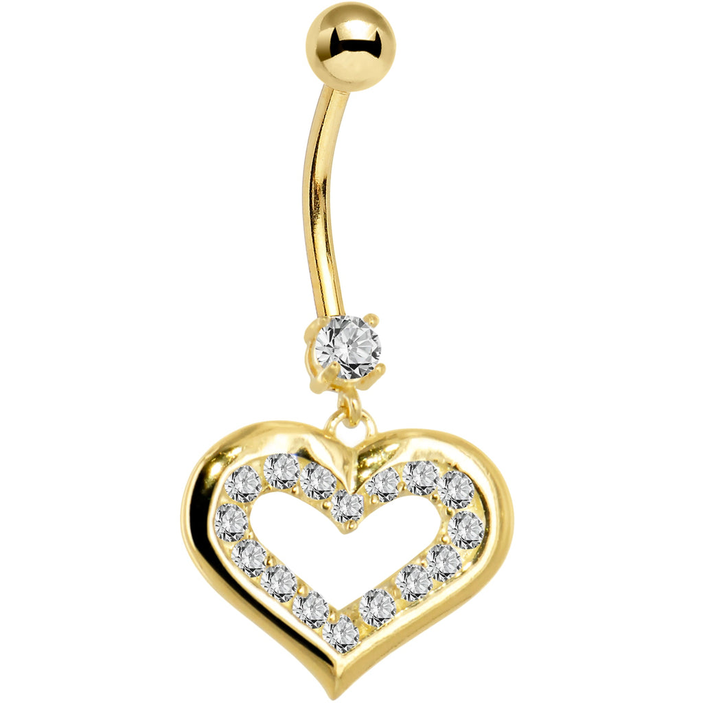 BodyCandy 16G Solid 14K Yellow Gold CZ Encased Heart Dangle Belly Ring — detail close-up