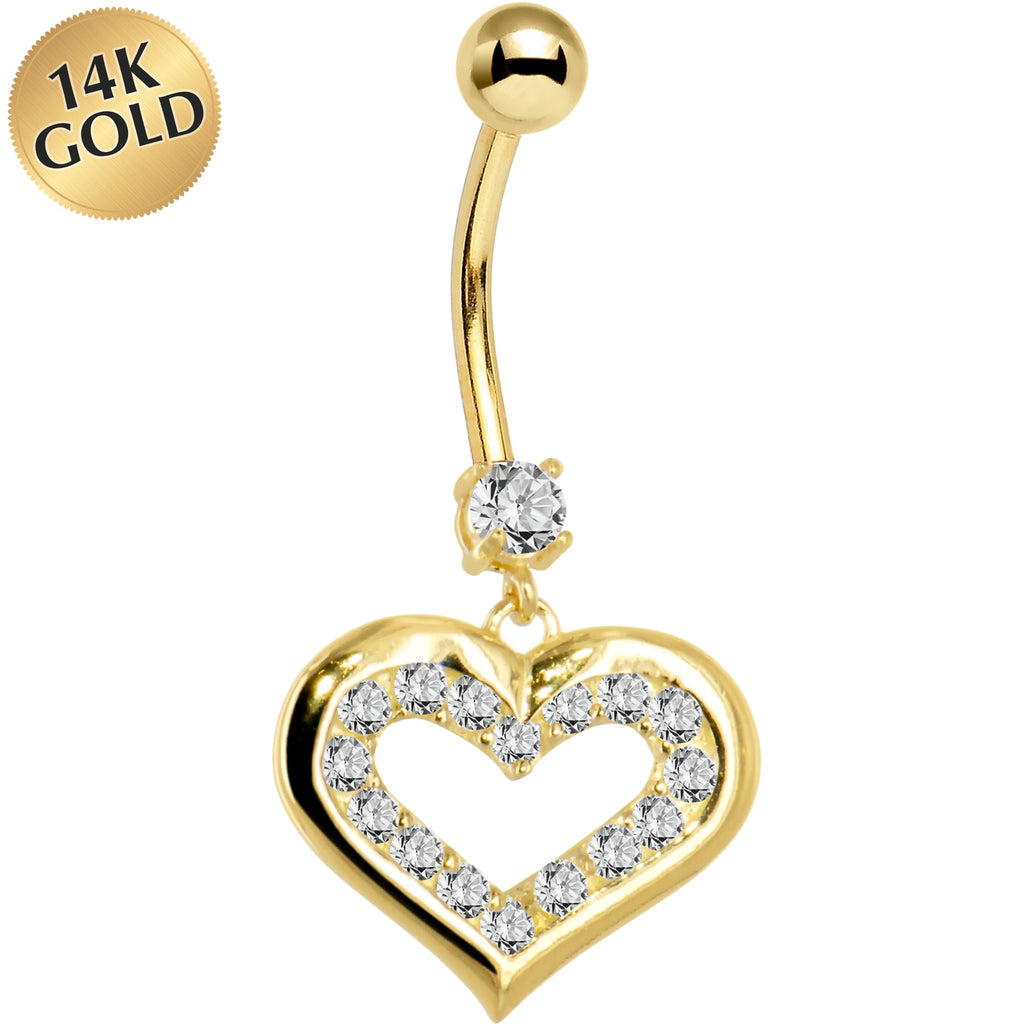 BodyCandy 16G Solid 14K Yellow Gold CZ Encased Heart Dangle Belly Ring — main product shot