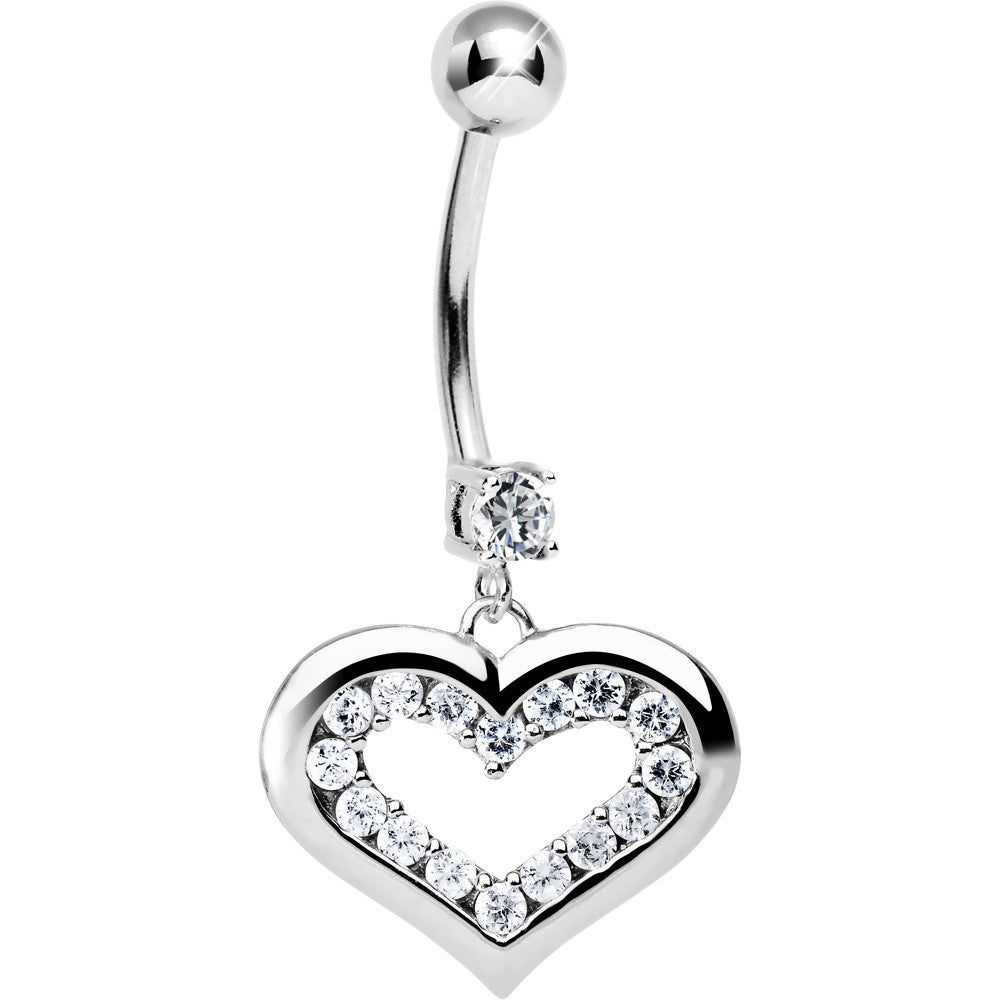 BodyCandy 16G Solid 14K White CZ Encased Heart Dangle Belly Ring — main product shot