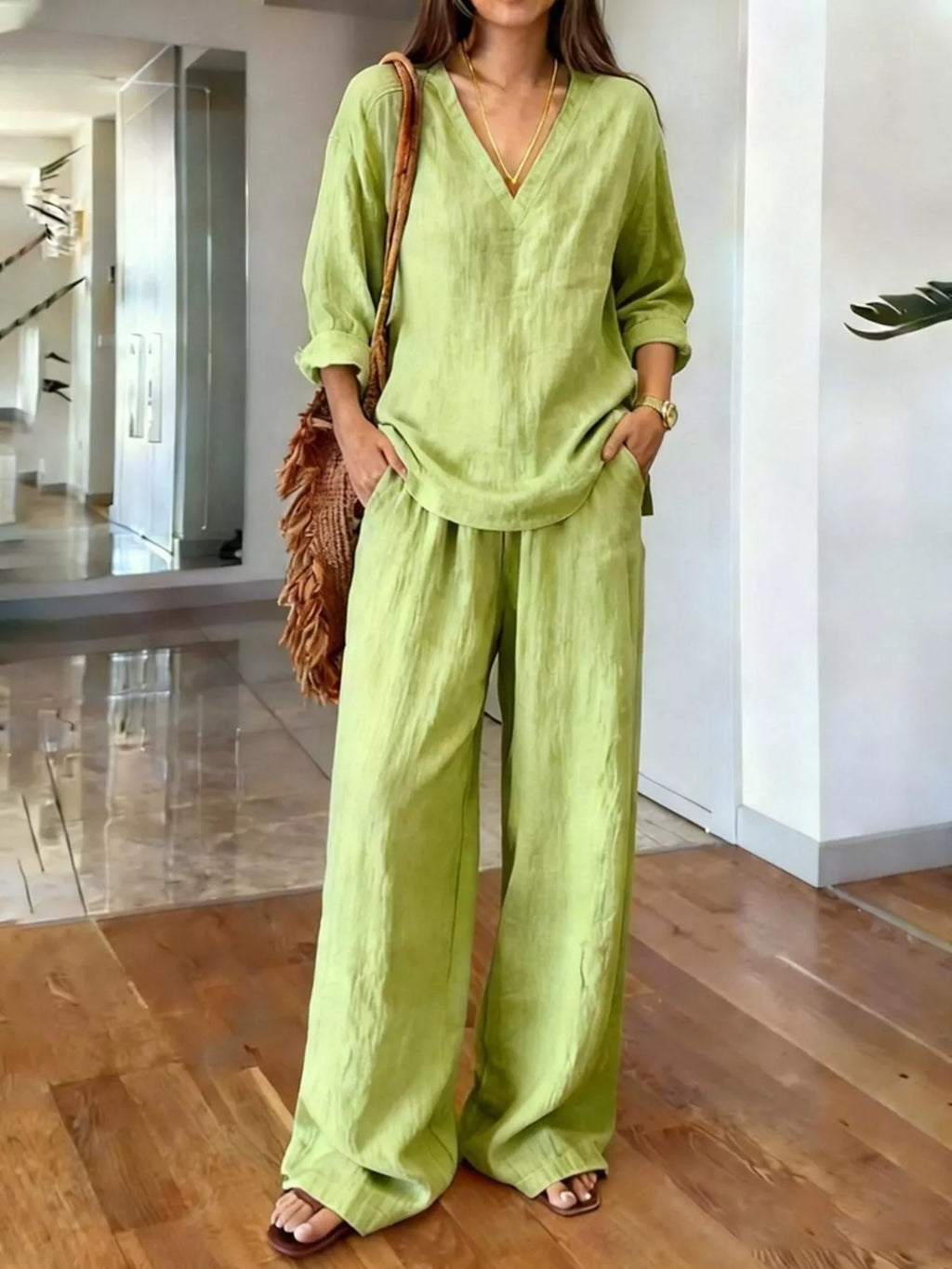V-Neck Top and Wide-Leg Pants Set