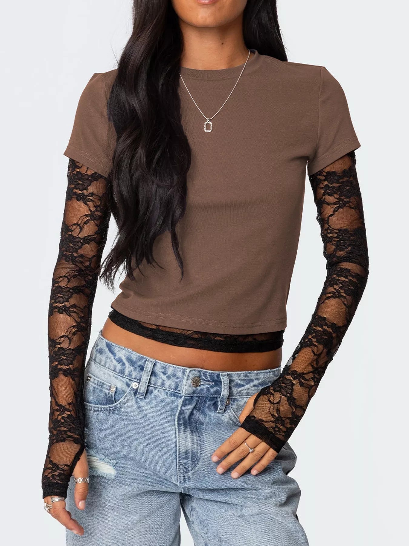 Cropped T-Shirt with Sheer Lace Sleeves