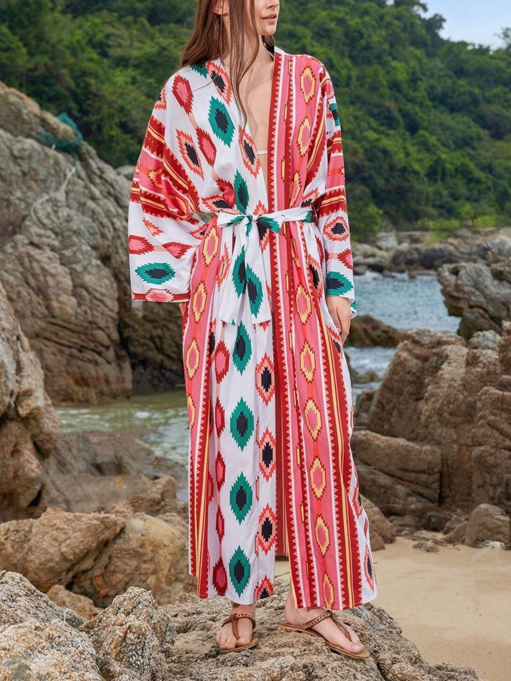 Boho Print Long Sleeve Beach Cover-Up