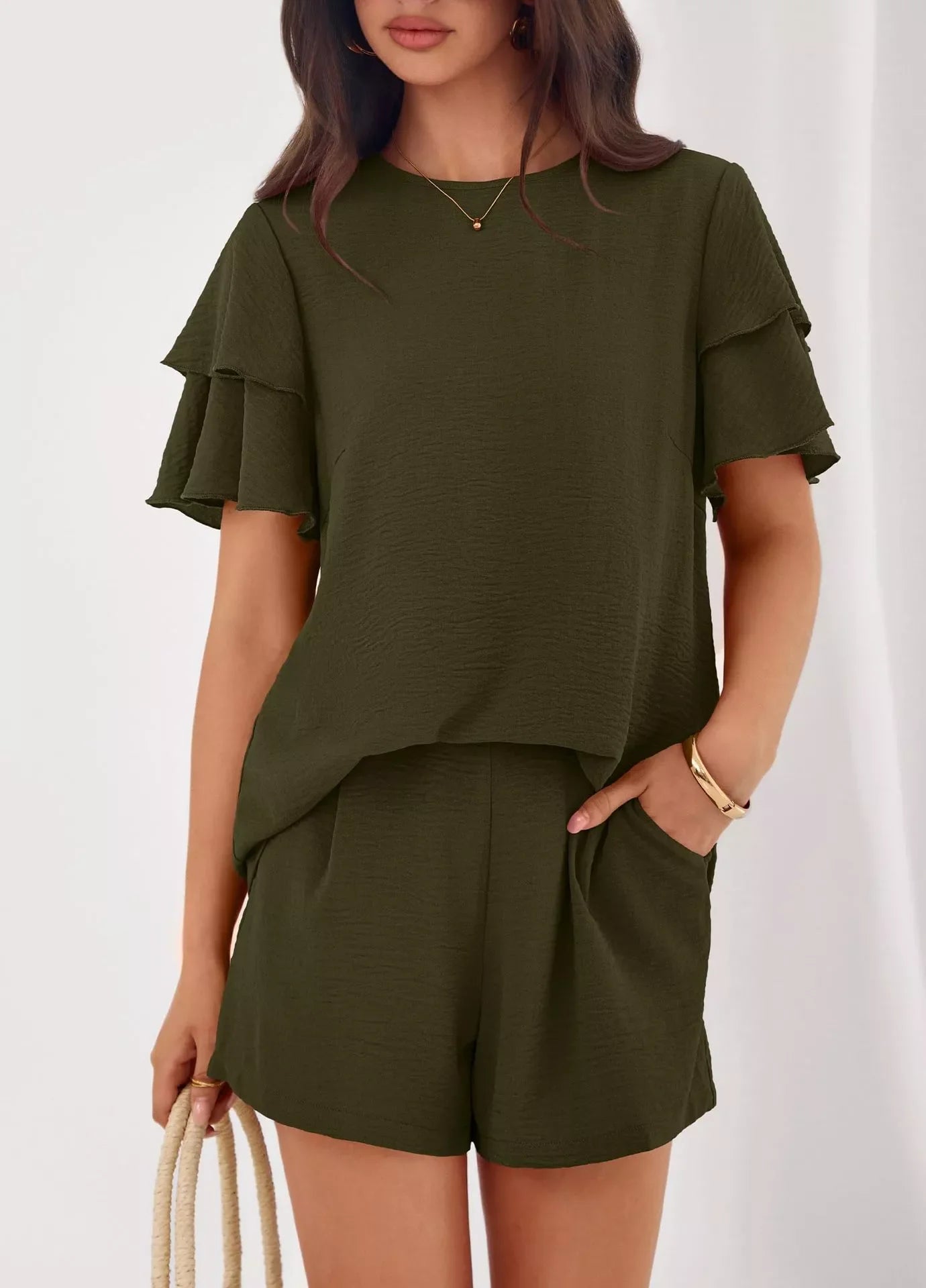 Ruffle Sleeve Top and Shorts Two-Piece Set