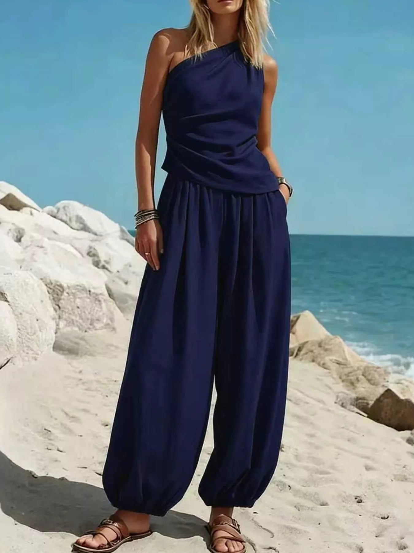 Full Size One-Shoulder Top and Wide Leg Pants Set Plus Size