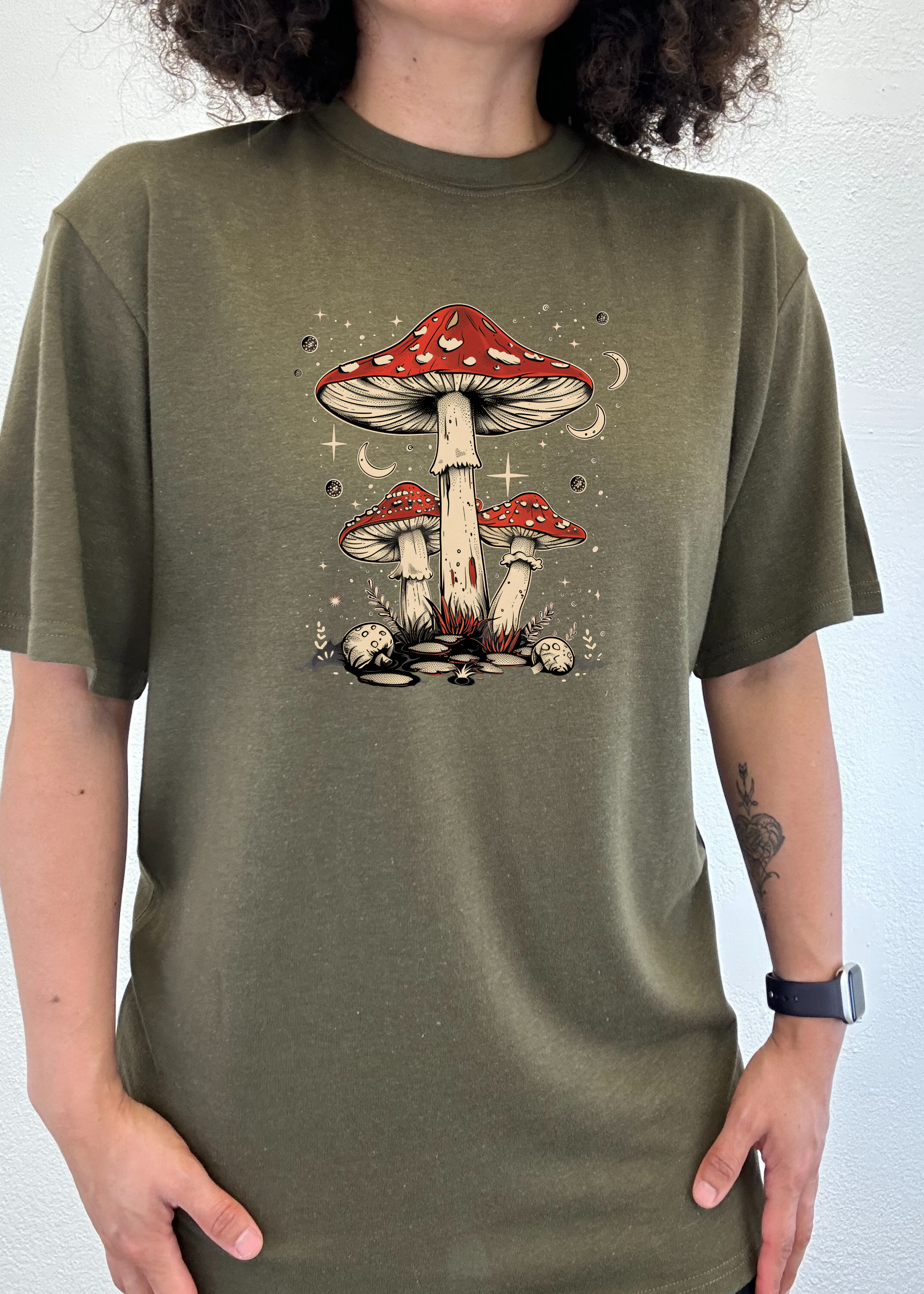 Spun Bamboo Boho Retro Hippie Mushrooms Natural Unisex Bamboo/Cotton Graphic T-Shirt — side view