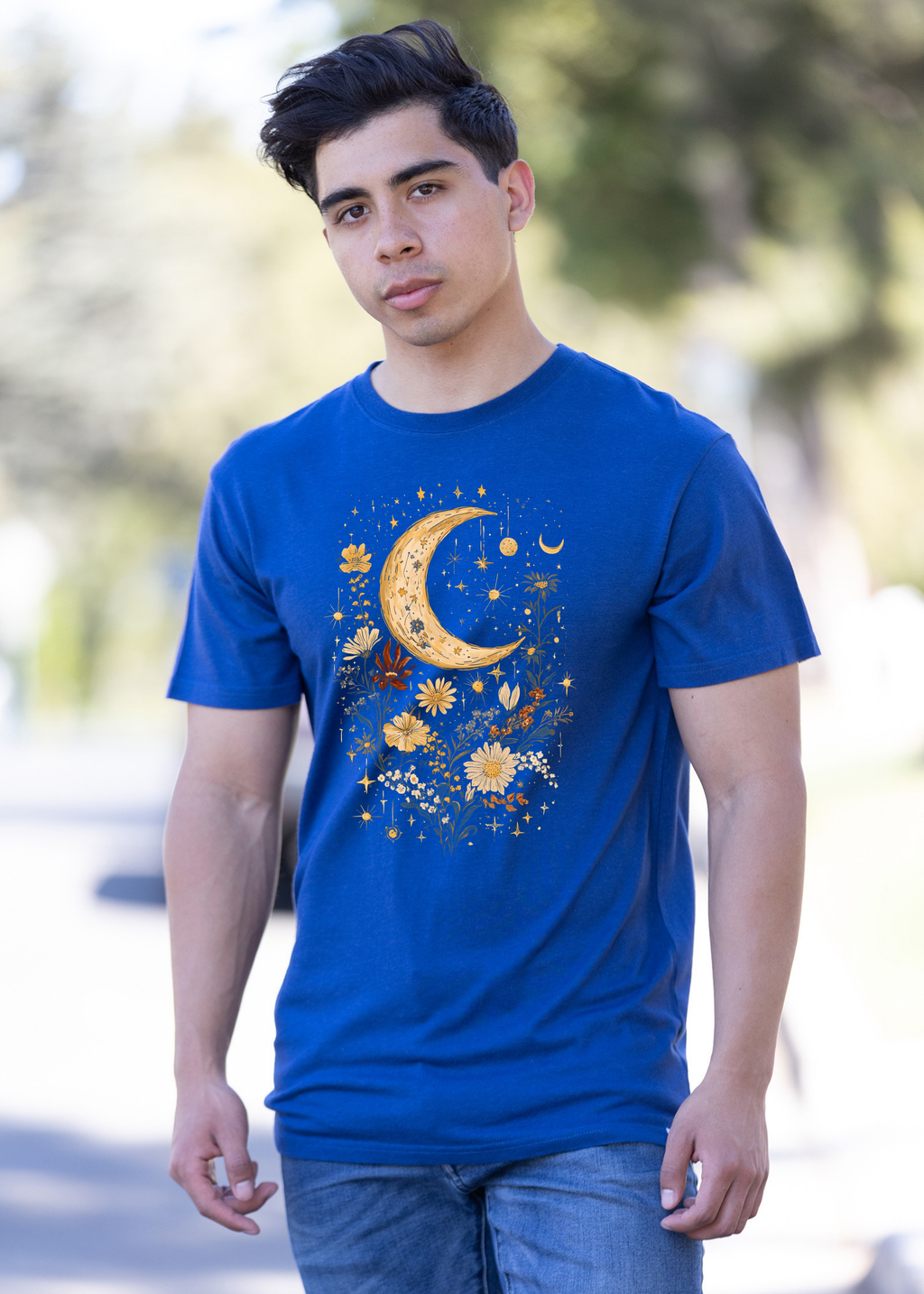 Spun Bamboo Celestial Moon Boho Flowers Vintage Unisex Bamboo/Cotton Graphic T-Shirt — comparison shot