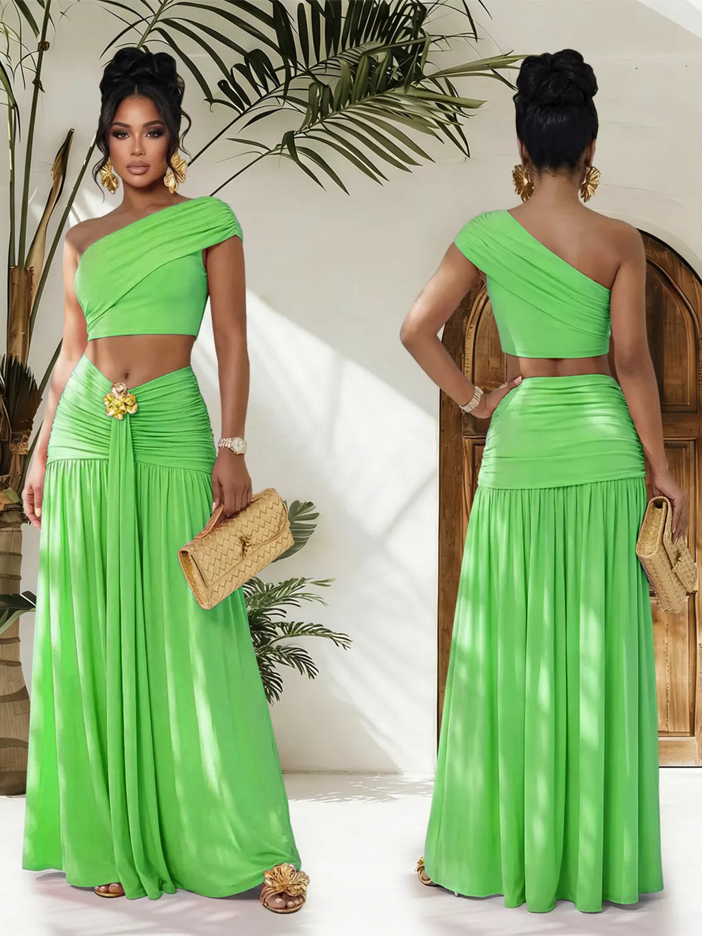 One-Shoulder Top and Ruched Maxi Skirt Set