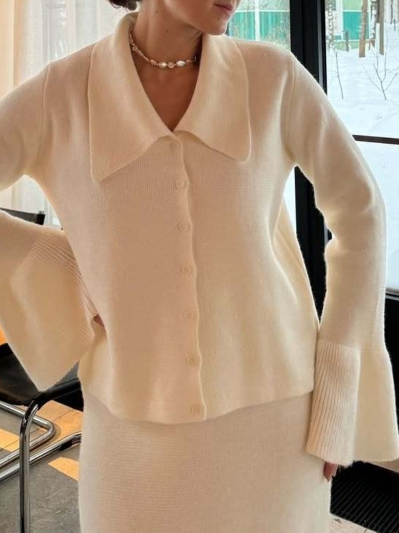 Button Down Long Sleeve Cardigan and Skirt Knit Set