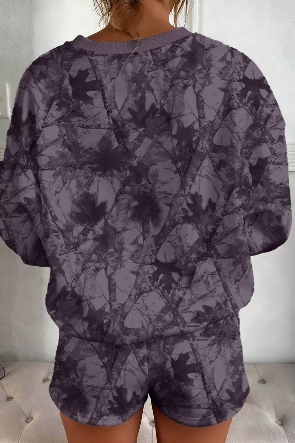 Abstract Woodland Camo Print Baggy Pullover Drawstring Shorts Set