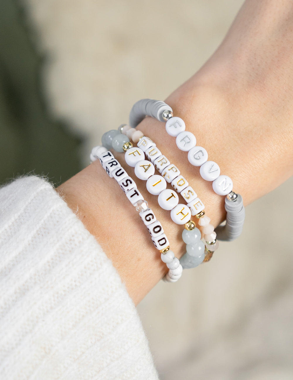 Elevated Faith Trust God Letter Bracelet — detail close-up