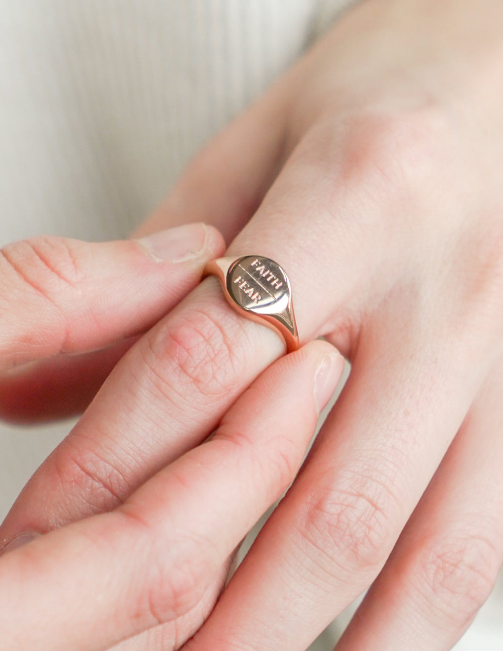 Elevated Faith Rose Gold Faith Over Fear Ring — detail close-up