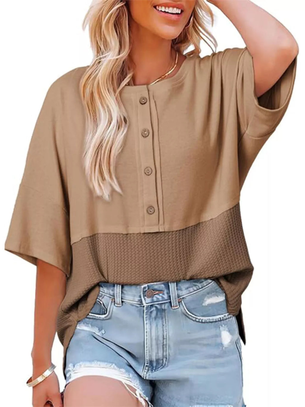 Button Detail Texture Knit T-Shirt