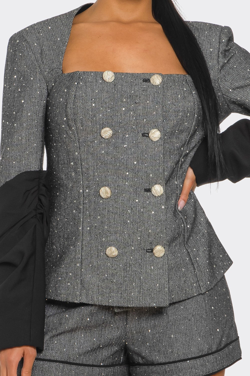 Double-Breasted Tweed Blazer and Shorts Set