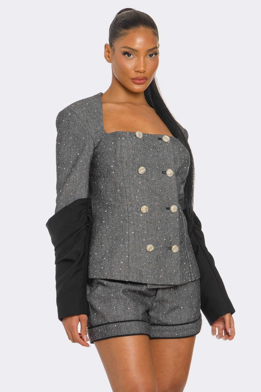 Double-Breasted Tweed Blazer and Shorts Set