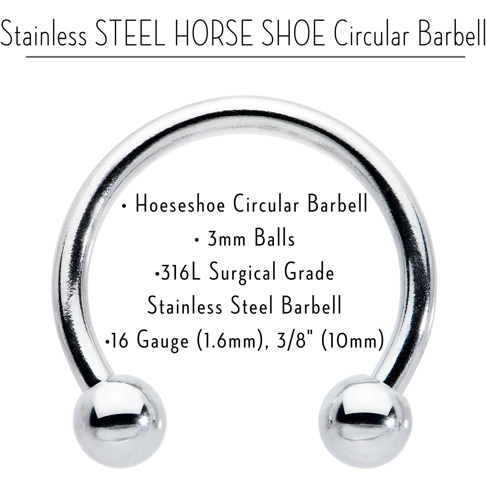 BodyCandy 16G STEEL HORSE SHOE Circular Barbell 3/8 3mm — alternative angle