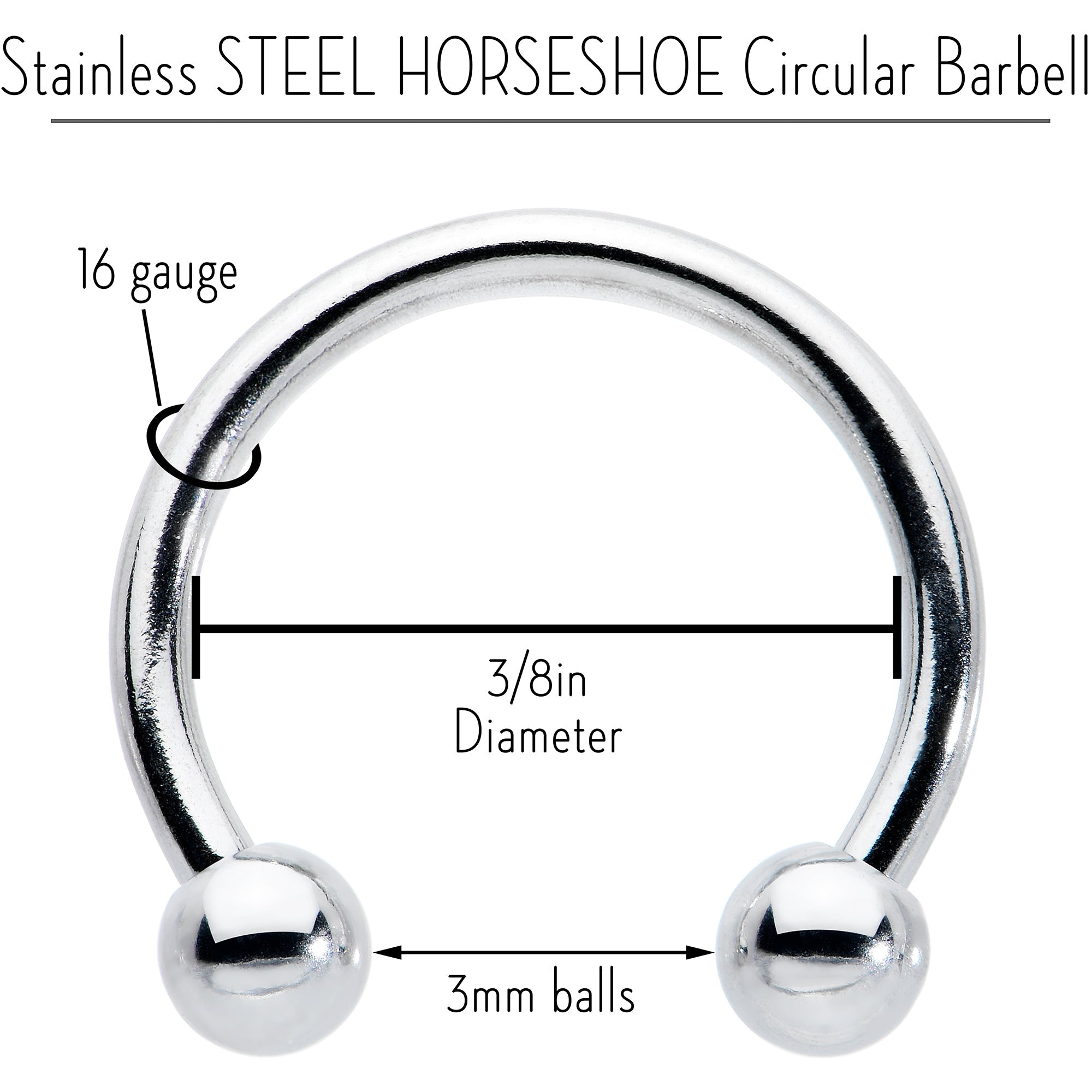 BodyCandy 16G STEEL HORSE SHOE Circular Barbell 3/8 3mm — detail close-up