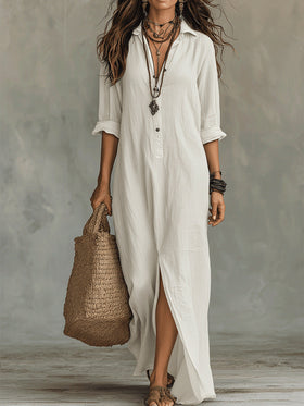 Women's Solid Color Notch Lapel Front Slit Maxi Dress | Casual Long Shirt Dress
