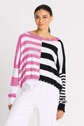 Pima Cotton Mini Mixed Up Tattered Crewneck Sweater - Black/Peony/White